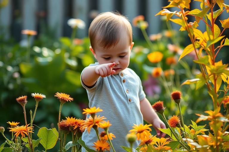 A toddler pointing at colourful flowers in a garden