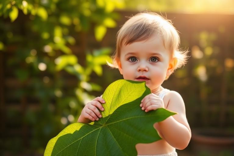 A toddler outdoors holding a large green leaf in the sunshine