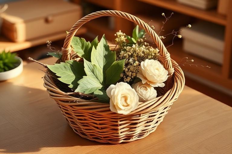 A woven basket filled with large leaves, sticks and flowers on a wooden table