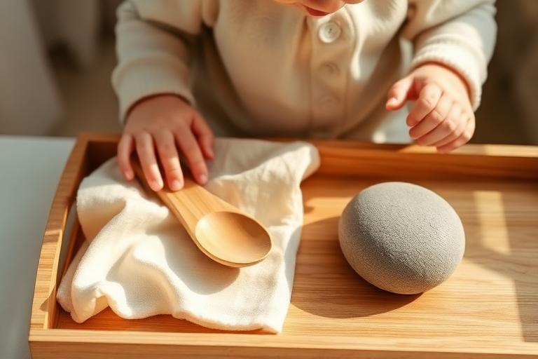 A toddler touching a soft cloth, wooden spoon and smooth stone on a tray