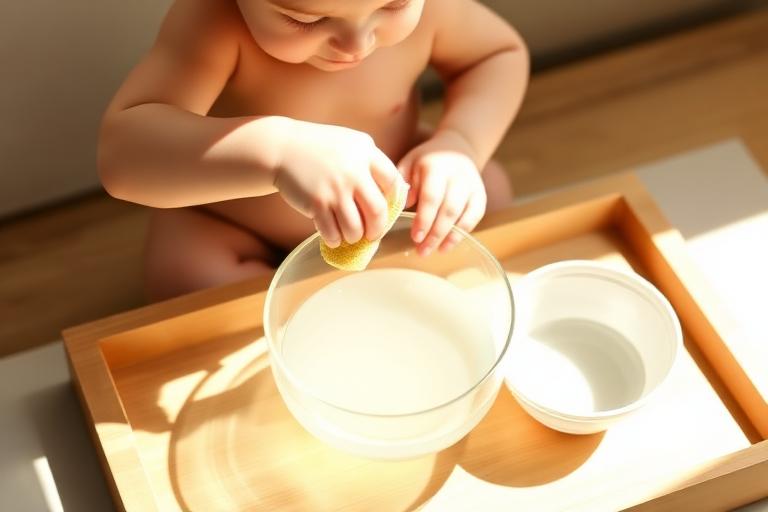 A toddler squeezing a sponge over a bowl of water on a wooden tray
