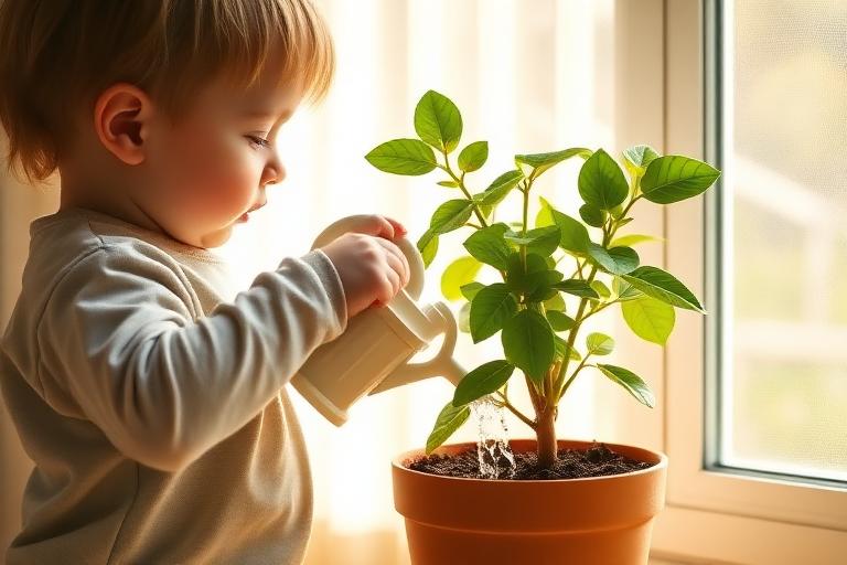 A toddler watering a potted green plant with a small watering can