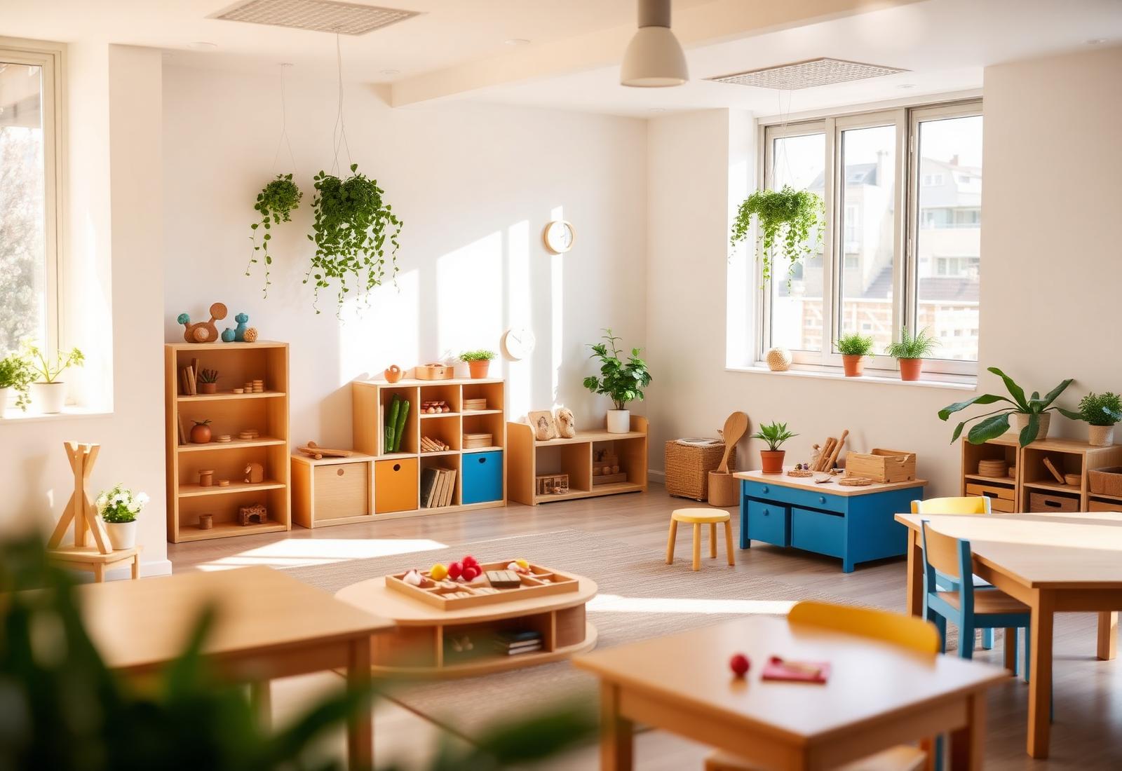 Bright Montessori classroom with wooden materials and plants