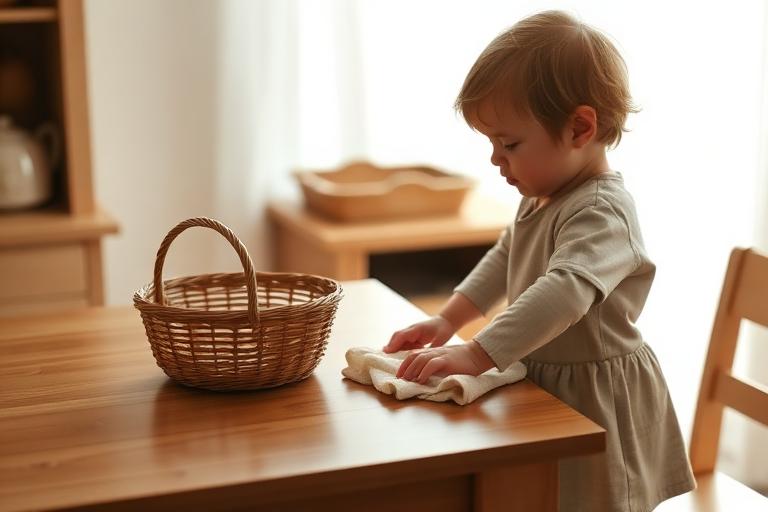 A toddler helping to wipe a wooden kitchen table with a cloth