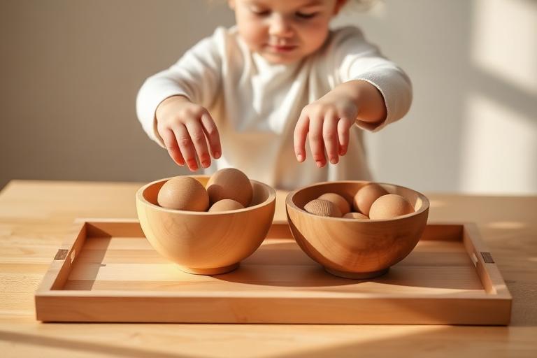 Toddler transferring large wooden objects between two bowls on a tray