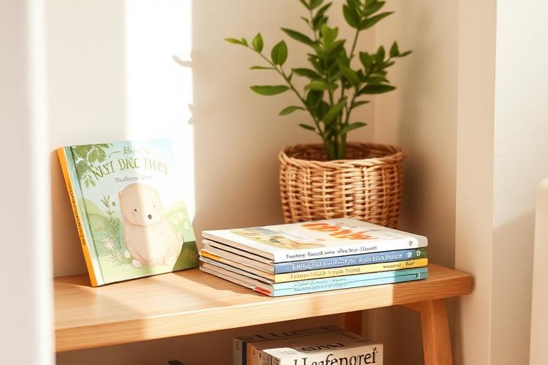 Children's picture books on a low wooden shelf in a cosy reading corner