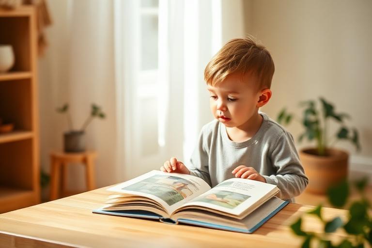 A young child listening beside an open picture book on a wooden table