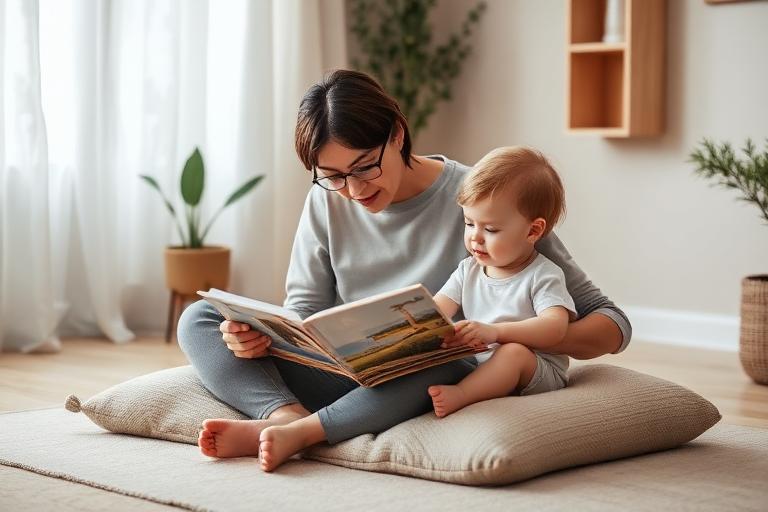 A parent reading a picture book with a toddler on a floor cushion